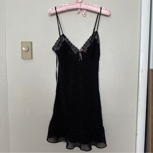 Vintage Y2k Chic Black Pink Polka Dot Chemise with Lace Detail Mini Dress Sheer